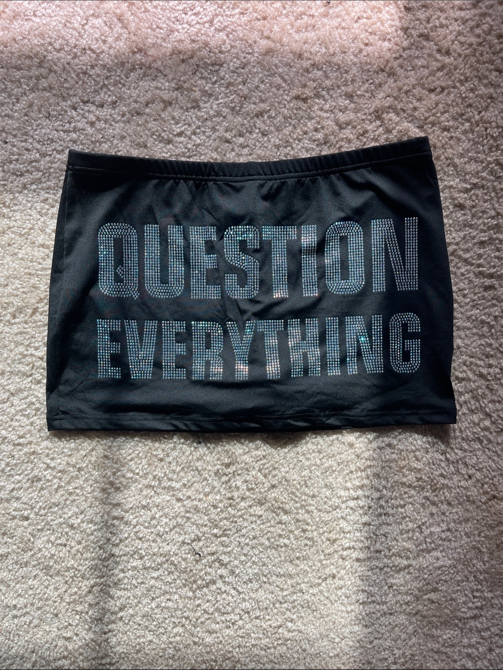 Black Rhinestone 'Question Everything' Mini Skirt(shorts in the inside)